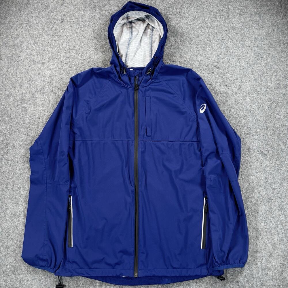 ASICS Performance Waterproof Running Jacket Blue Hooded Rain Shell Mens Medium